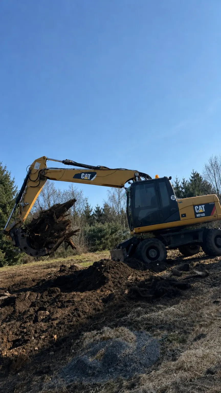 Bagger hebt einen großen Wurzelstock aus dem Erdreich