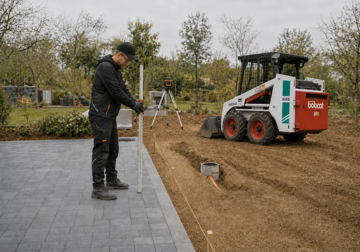 Mitarbeiter prüft mit Messlatte und Rotationslaser die Höhe an einer Pflasterkante, daneben steht ein Bobcat 645